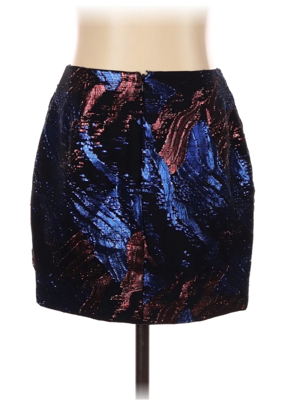 Maje NWT Metallic Jacquard Ruched Mini Skirt Black Blue Silk 34 US 2 - Picture 2 of 3